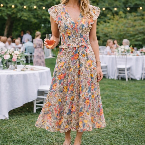 Sea New York Dresses & Skirts - SEA New York Floral Smock‎ Tiered Midi Dress Flutter Sleeve Cottage Cotton Small
